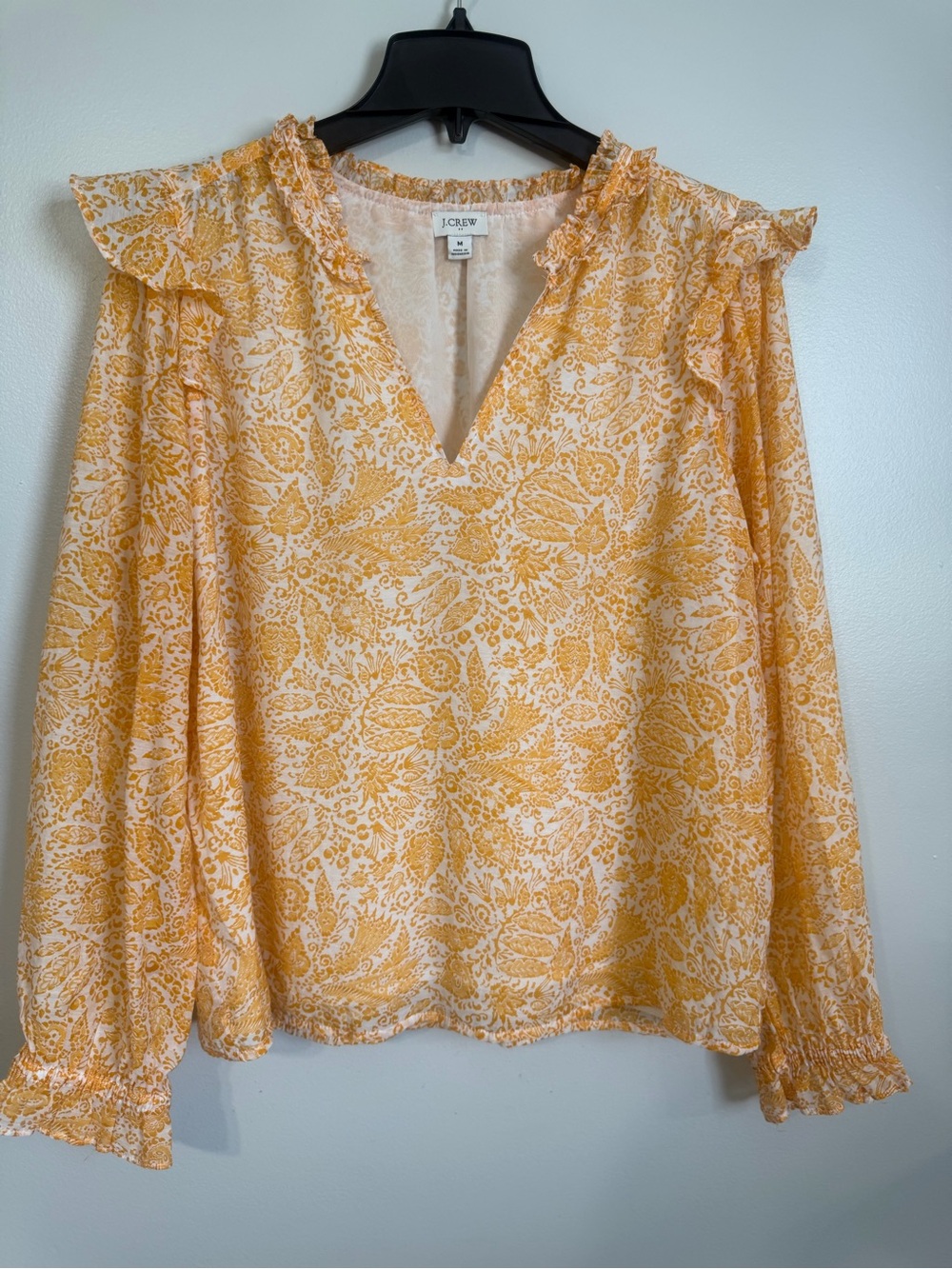 J. Crew Yellow Paisley V-Neck Ruffle Long Sleeve Blouse Size Medium